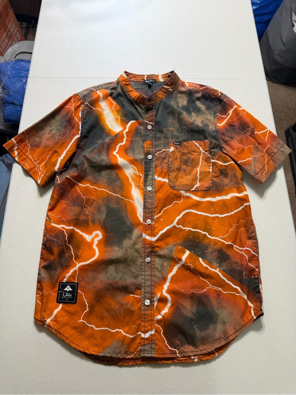 LRG orange lightning bolt button up shirt size Medium